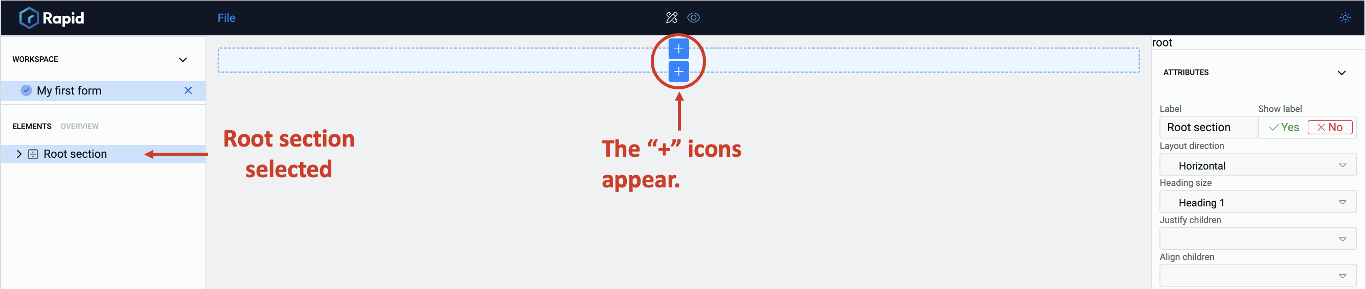 Image showing icons to add elements when section is selected